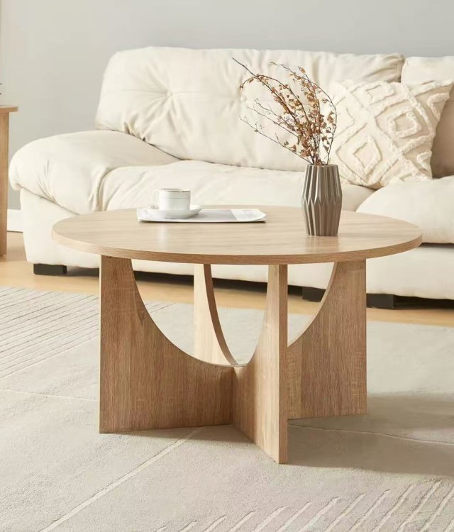  Modern Round Wood Coffee Table | Crescent Cutout Base | Natural Oak Finish