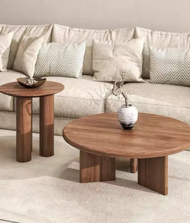 Minimalist Solid Wood Round Coffee Table & Side Table Set | Wabi-Sabi Style | Natural Wood Finish