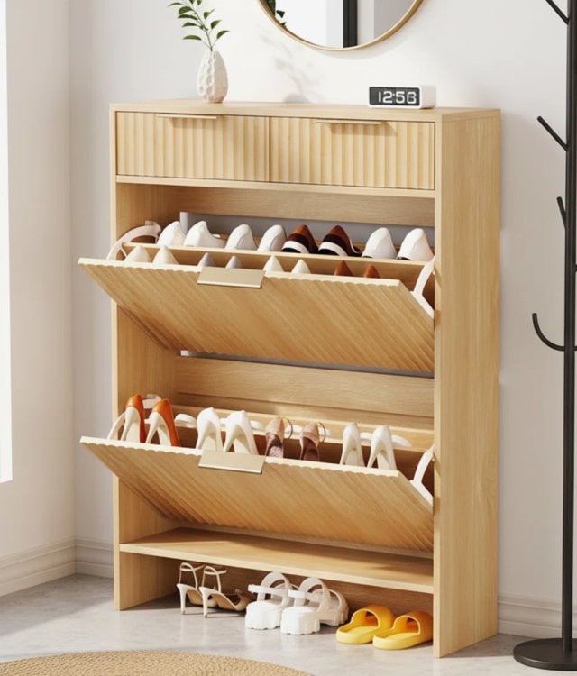 Modern Slatted Wooden Shoe Cabinet for Hotel & Living Room Bulk Order