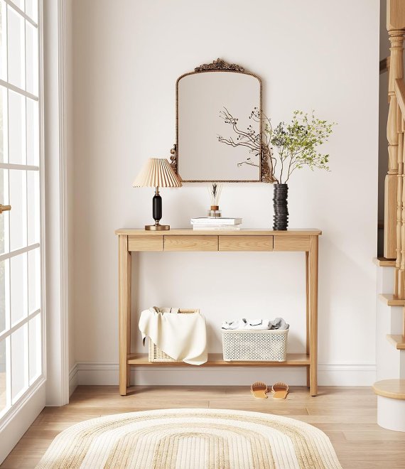 Solid Wood Console Table With Drawers And Lower Shelf Entryway Hallway Sofa Console Desk For Home Wholesale