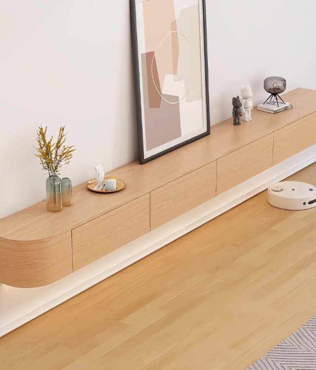 Solid Wood Wall Mount Floating TV Cabinet With Ambient Light Rounded Edge Media Console For Home Supply
