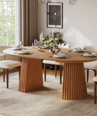 Expandable Fluted Pedestal Dining Furniture, Solid Wood Dining Table for Nordic Modern Home & Banquet Hospitality Project