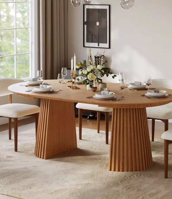 Expandable Fluted Pedestal Dining Furniture, Solid Wood Dining Table for Nordic Modern Home & Banquet Hospitality Project