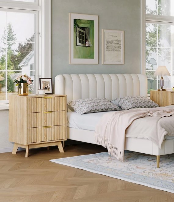 Fluted Wooden Nightstand, 3-Drawer Large Storage Side Cabinet for Bedroom & Living Room