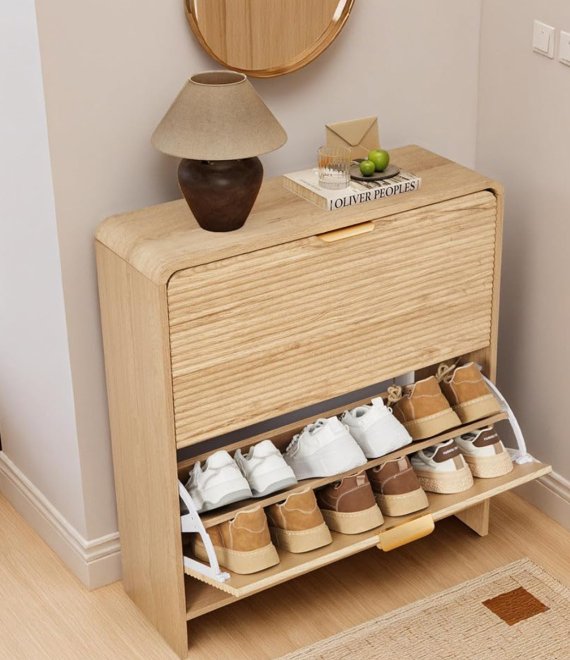 Modern Fluted Wood Flip Shoe Cabinet 2-Tier Flip-Down Shoe Storage Cabinet For Home Entryway Wholesale