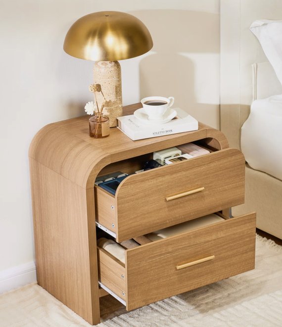 Curved Wooden Nightstand, 2-Drawer Bedside Cabinet with Gold Metal Pulls for Bedroom