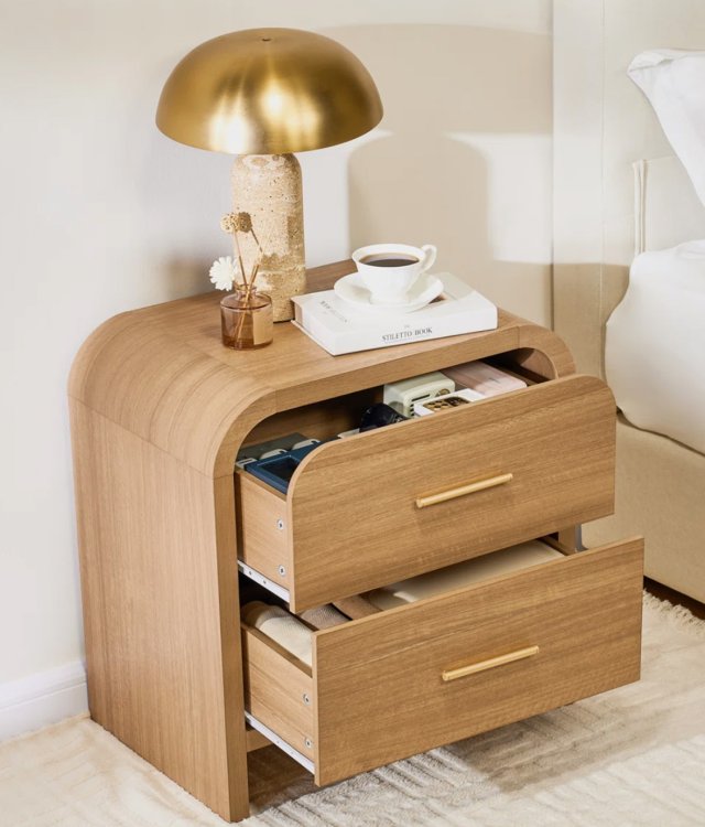 Curved Wooden Nightstand, 2-Drawer Bedside Cabinet with Gold Metal Pulls for Bedroom