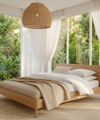 Solid Oak Wood Platform Bed Frame, Minimalist Scandinavian Wooden Bed with Headboard for Bedroom