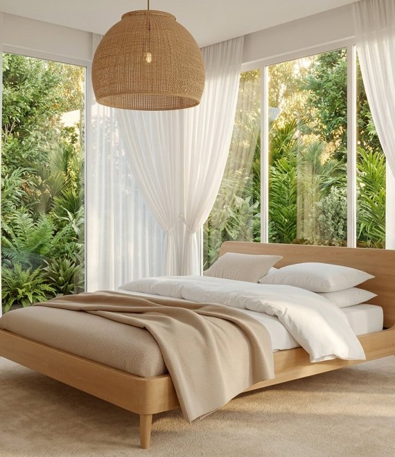 Solid Oak Wood Platform Bed Frame, Minimalist Scandinavian Wooden Bed with Headboard for Bedroom