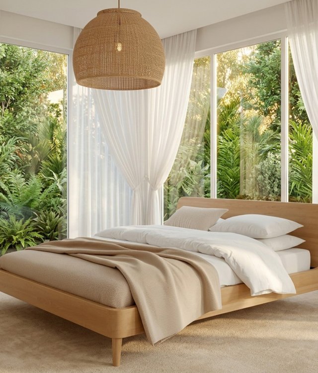 Solid Oak Wood Platform Bed Frame, Minimalist Scandinavian Wooden Bed with Headboard for Bedroom