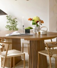 Expandable Fluted Pedestal Dining Furniture, Solid Wood Dining Table for Nordic Modern Home & Banquet Hospitality Project