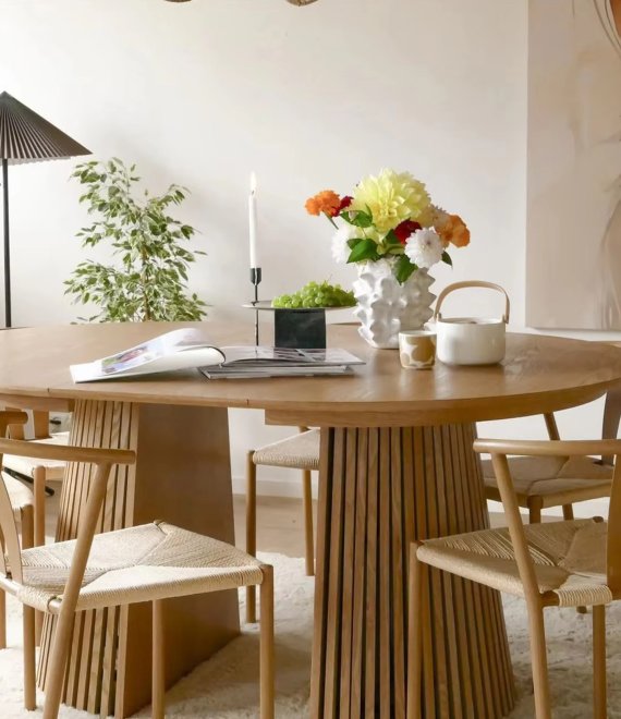 Expandable Fluted Pedestal Dining Furniture, Solid Wood Dining Table for Nordic Modern Home & Banquet Hospitality Project