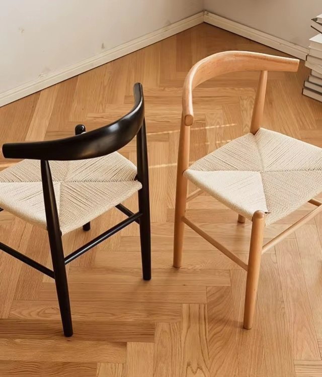 Iconic Cow-Horn Back Side Chair, Paper Cord Woven Seat Solid Wood Dining Chair for Nordic Retro Dining Room