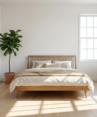 Nordic Style Solid Wood Bed Frame, Scandinavian Platform Bed with Vertical Slatted Headboard