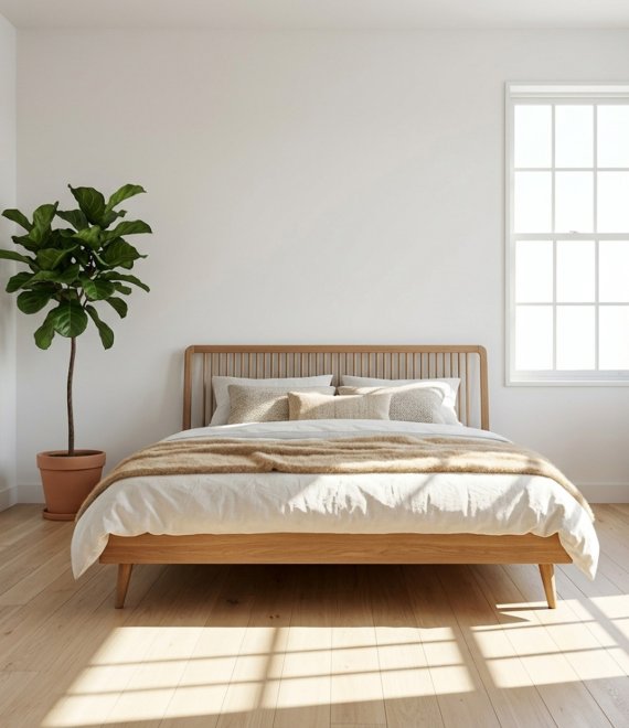 Nordic Style Solid Wood Bed Frame, Scandinavian Platform Bed with Vertical Slatted Headboard