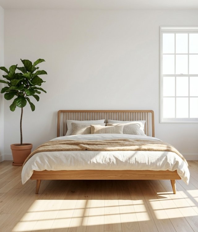 Nordic Style Solid Wood Bed Frame, Scandinavian Platform Bed with Vertical Slatted Headboard