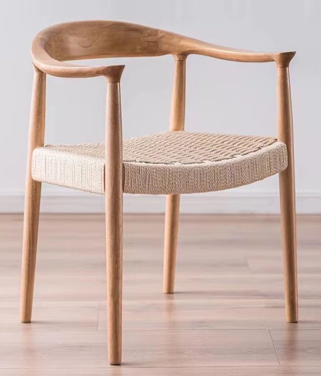Hand-Woven Paper Rope Seat Arm Chair, Solid Wood Dining Chair for Nordic Japandi Dining Interiors