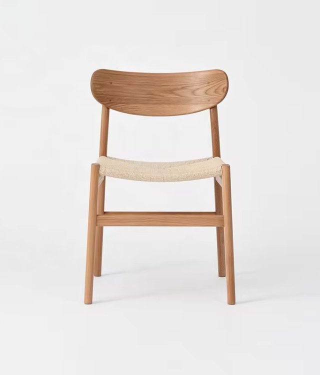 Ergonomic Curved Slat-Back Side Chair, Paper-Cord Woven-Seat Solid Wood Dining Chair for Nordic Light-Style Home