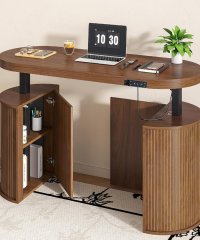 Electric Height Adjustable Standing Desk With Storage Cabinet Modern Curved Home Office Computer Desk