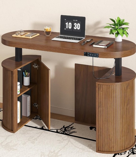 Electric Height Adjustable Standing Desk With Storage Cabinet Modern Curved Home Office Computer Desk