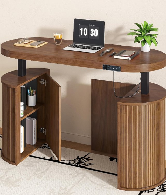 Electric Height Adjustable Standing Desk With Storage Cabinet Modern Curved Home Office Computer Desk
