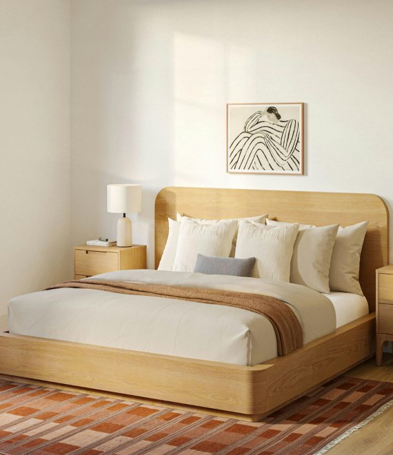 Nordic Style Rounded-Edge Solid Oak Bed, Low-Profile Floating Scandinavian Platform Bed Frame