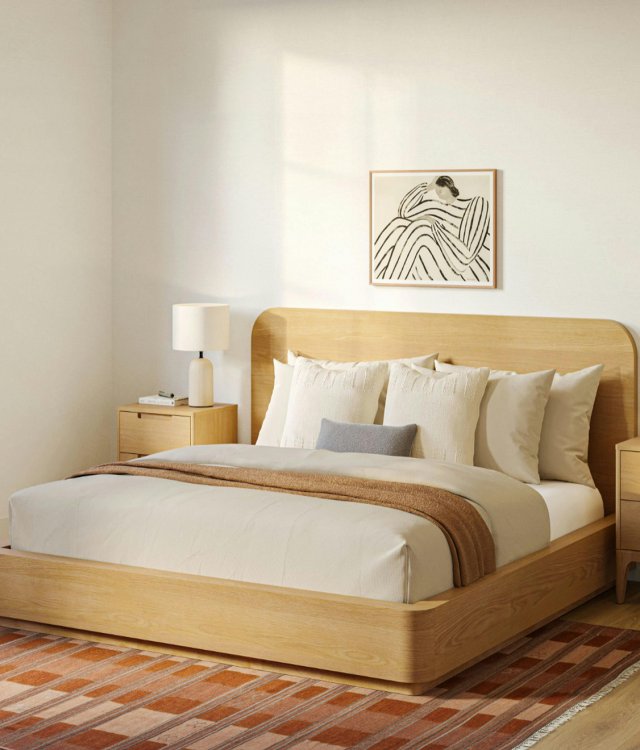 Nordic Style Rounded-Edge Solid Oak Bed, Low-Profile Floating Scandinavian Platform Bed Frame