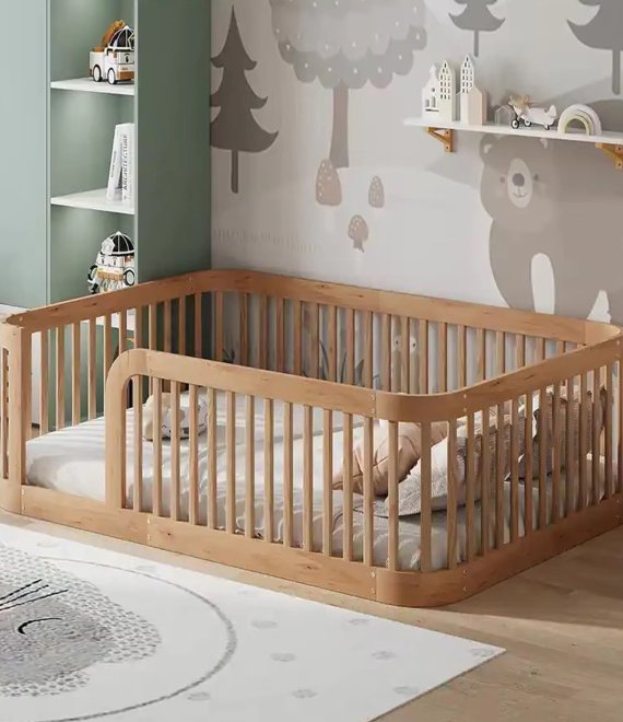 Solid Wood Floor Bed With Guardrail Toddler Safety Bed Montessori Kids Bed For Children Room Wholesale