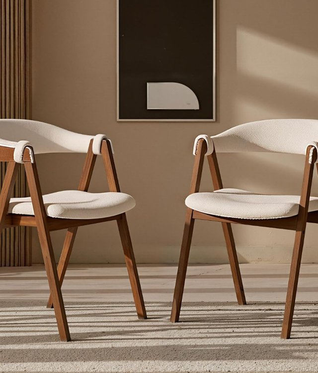Solid Wood Boucle Upholstered Dining Chair Set, Curved Armrest Dining Side Chairs