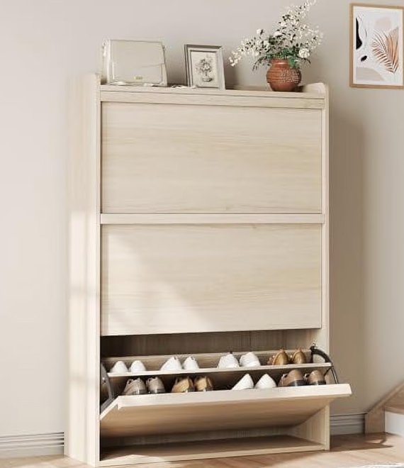 Modern Slim Flip Down Wooden Shoe Cabinet Narrow Entryway Shoe Storage Cabinet For Home Wholesale