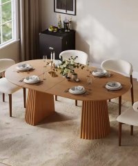 Expandable Fluted Pedestal Dining Furniture, Solid Wood Dining Table for Nordic Modern Home & Banquet Hospitality Project