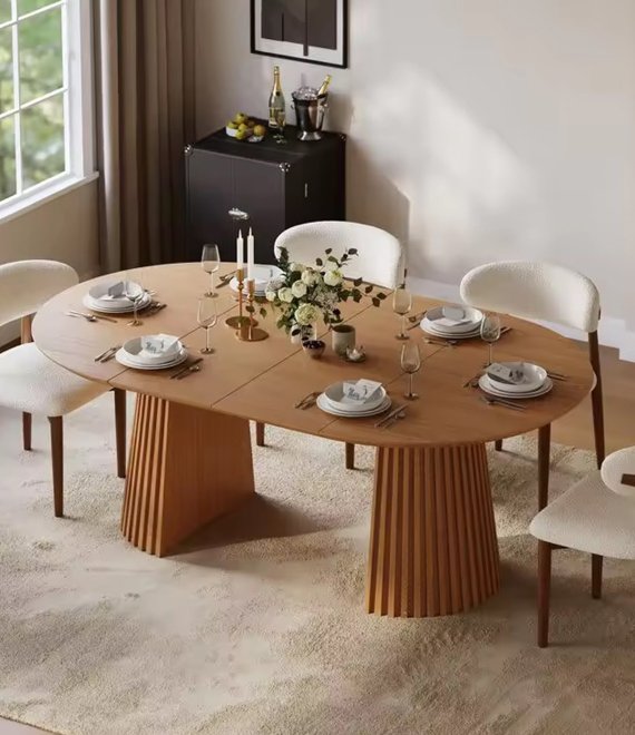 Expandable Fluted Pedestal Dining Furniture, Solid Wood Dining Table for Nordic Modern Home & Banquet Hospitality Project