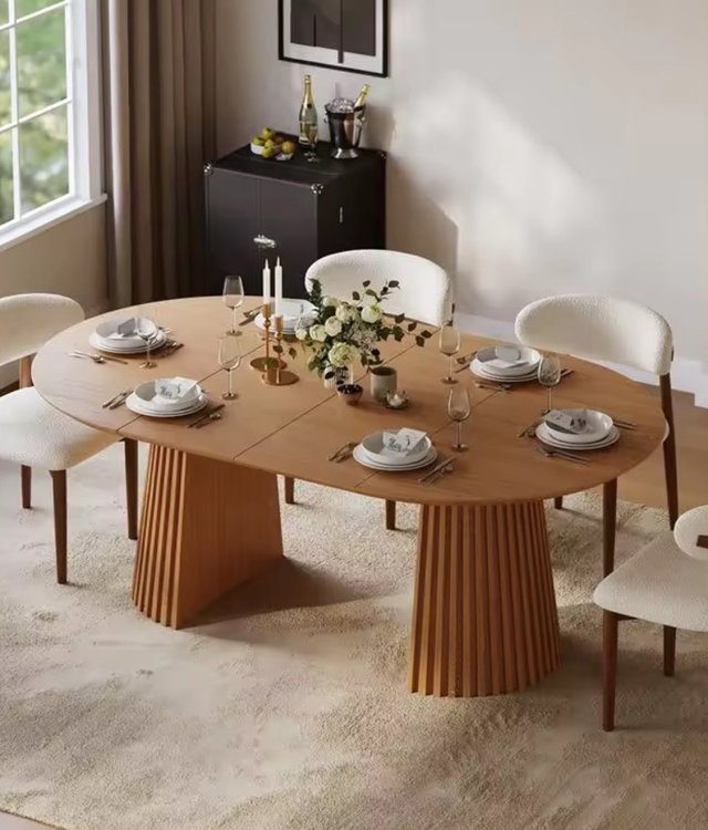 Expandable Fluted Pedestal Dining Furniture, Solid Wood Dining Table for Nordic Modern Home & Banquet Hospitality Project