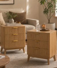 Fluted Wooden Nightstand, 3-Drawer Large Storage Side Cabinet for Bedroom & Living Room