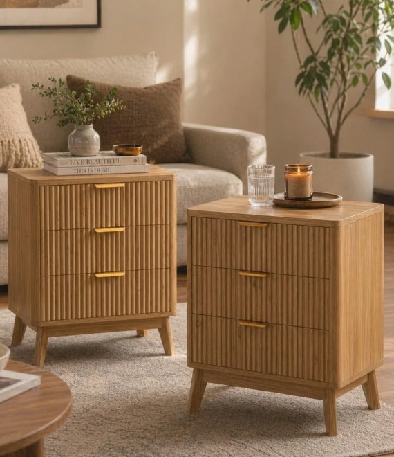 Fluted Wooden Nightstand, 3-Drawer Large Storage Side Cabinet for Bedroom & Living Room