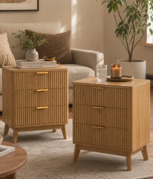 Fluted Wooden Nightstand, 3-Drawer Large Storage Side Cabinet for Bedroom & Living Room