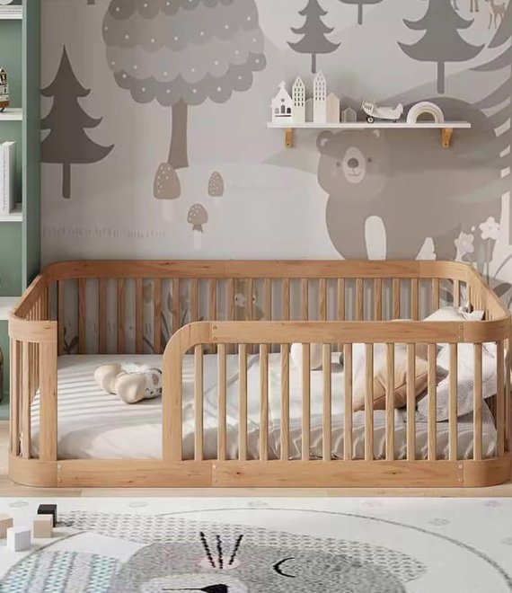 Solid Wood Floor Bed With Guardrail Toddler Safety Bed Montessori Kids Bed For Children Room Wholesale