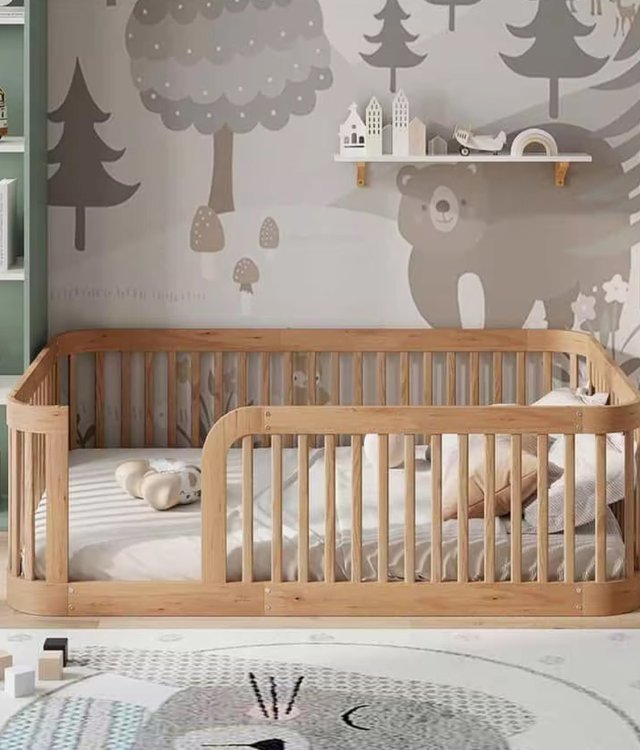 Solid Wood Floor Bed With Guardrail Toddler Safety Bed Montessori Kids Bed For Children Room Wholesale