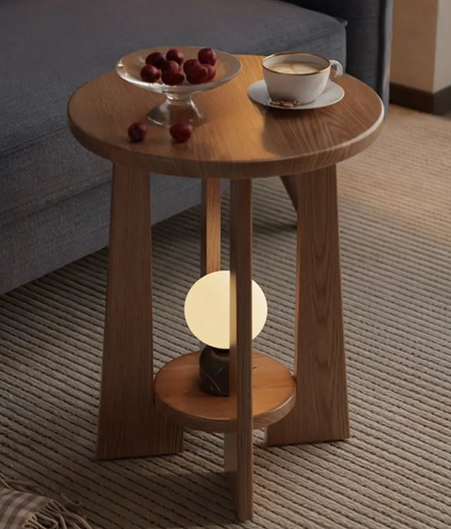 Natural Solid Wood 2-Tier Round Side Table Open-Design End Table For Living Room Bedroom Supply