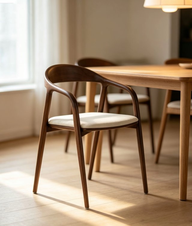 Solid Wood Curved Arm Dining Chair, Upholstered Cushioned Dining Side Chair for Kitchen Dining Room