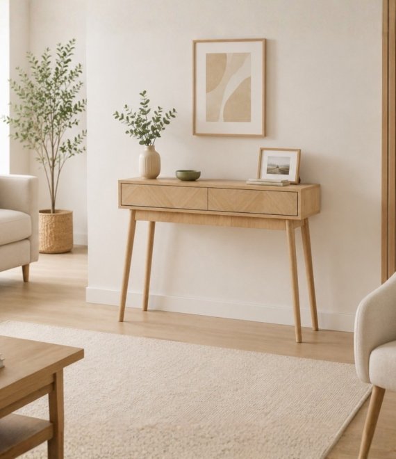 Nordic Herringbone Wood Console Table 2 Drawers Entryway Hallway Sofa Console Desk For Home Wholesale 
