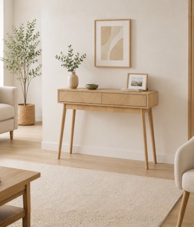 Nordic Herringbone Wood Console Table 2 Drawers Entryway Hallway Sofa Console Desk For Home Wholesale 