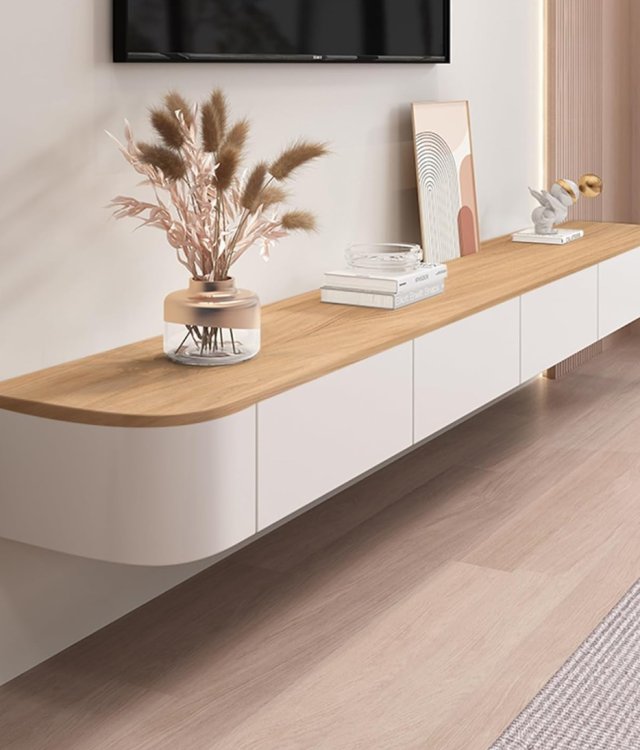 Modern Wall-Mounted Floating TV Stand Rounded Corner Wood Top Media Console Cabinet For Living Room Wholesale