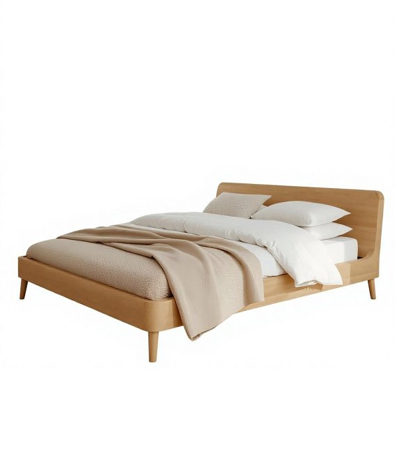 Solid Oak Wood Platform Bed Frame, Minimalist Scandinavian Wooden Bed with Headboard for Bedroom