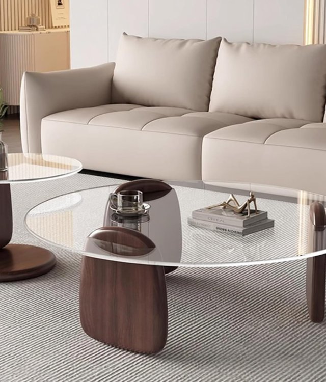 Oval Tempered Glass Coffee Table Solid Wood Base Modern Minimalist Transparent Center Table For Living Room Wholesale