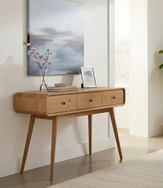 Nordic Oak Wood Console Table 3 Drawers Rounded Edge Hallway Entryway Sofa Console Desk For Home Project Supply
