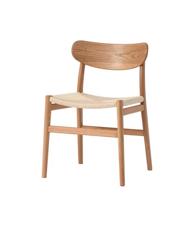 Ergonomic Curved Slat-Back Side Chair, Paper-Cord Woven-Seat Solid Wood Dining Chair for Nordic Light-Style Home