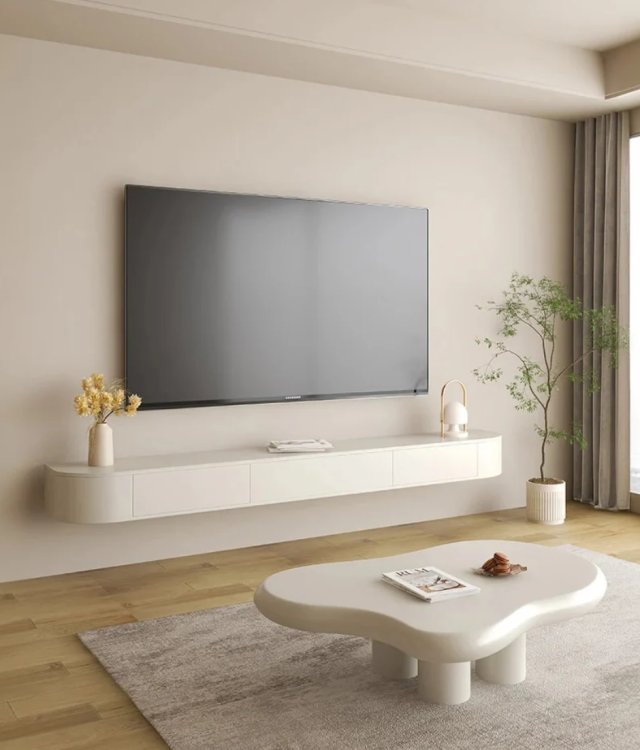 Minimalist All-White Wall-Mounted Floating TV Unit Rounded Corner Media Storage Cabinet For Living Room Wholesale