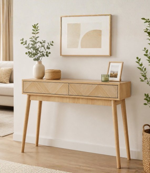 Nordic Herringbone Wood Console Table 2 Drawers Entryway Hallway Sofa Console Desk For Home Wholesale 