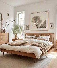 Nordic Style Solid Wood Bed Frame, Scandinavian Platform Bed with Vertical Slatted Headboard